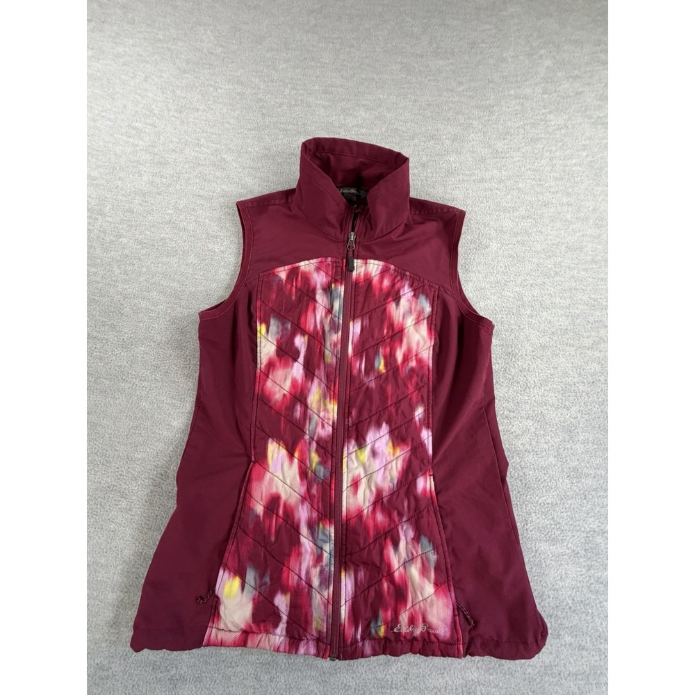 Eddie Bauer Light Puffer Vest Women Small Maroon Full Zip Abstract Quilted Lined
